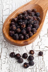 Dried juniper berries on spoon
