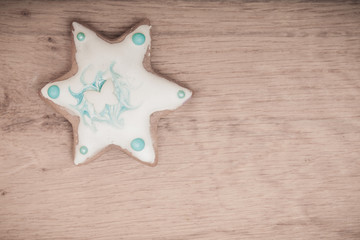Fototapeta na wymiar Christmas gingerbread cookie star with icing decoration