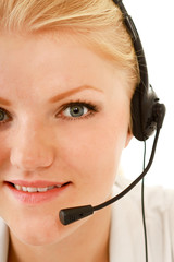 Beautiful business woman with headset. Call center. Customer