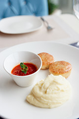 Lightly seared cutlets and potato mash