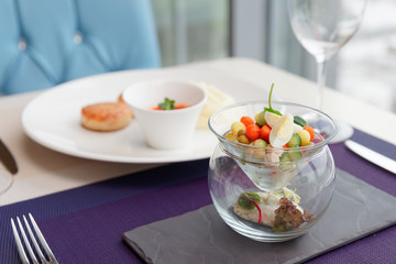 Cutlets, potato mash and vegetable salad