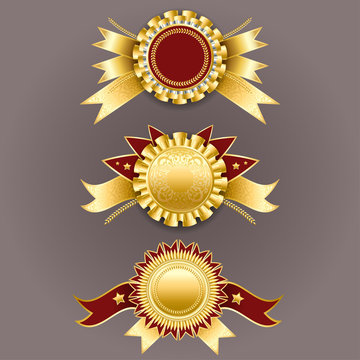 Best quality emblem. Set of gold and red badges with ribbons. Ve