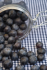 Fresh blueberries falling out of glass jar