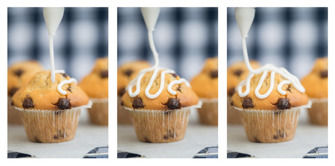 Triptych of icing frosting being put onto home made chocolate ch