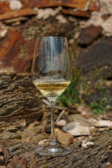 Glass of Riesling wine on slate rock