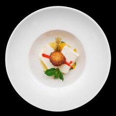 Ice cream with fruits in plate, isolated