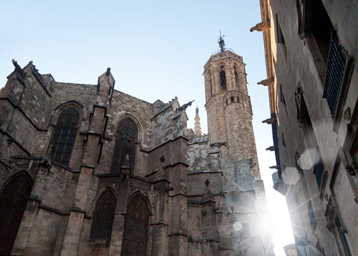 view of the gothic cathedral in the old town in Barcelona