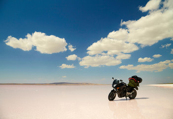 Obraz premium Modern motorbike at salt lake. Travel photo