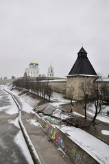River view on Pskov Kremlin, Krom in winter time
