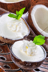 Coconut ice creams in coco shells