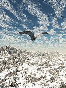 Grey Dragon Flying over the Mountains