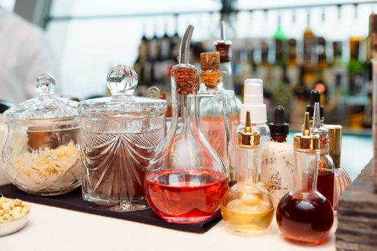 Infusions and spices on bar counter