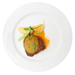 Rib eye steak with potato puree, isolated