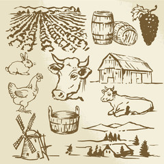 farm, cow, agriculture - hand drawn collection
