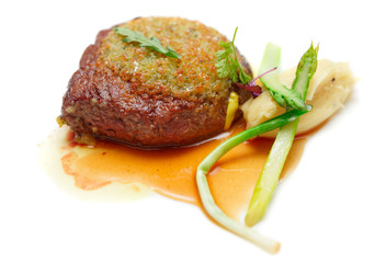 Rib eye steak with potato puree, isolated