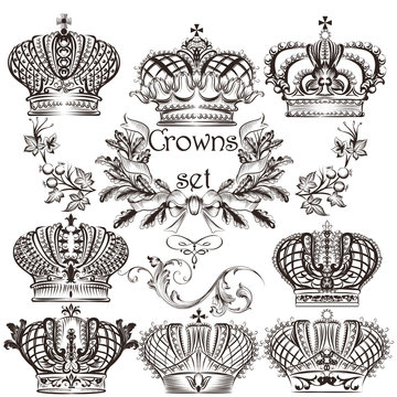 Collection of vector crowns in vintage style