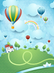 Naklejka premium Fantasy krajobraz z balonów na ogrzane powietrze i rzeki
