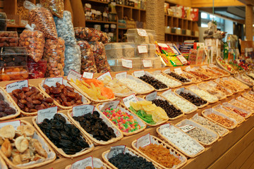 Dried fruits on food market