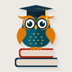 Wise owl sitting on the books. Vector illustration.