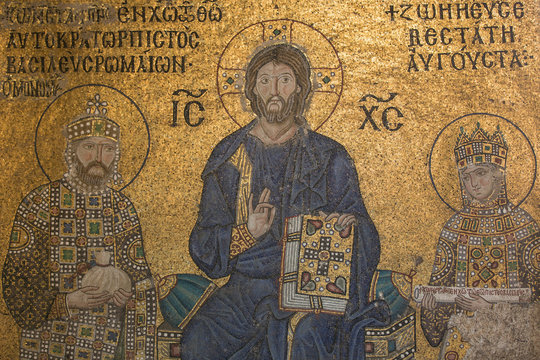 Mosaic detail Jesus Christ with Emperor Constantine and Zoe