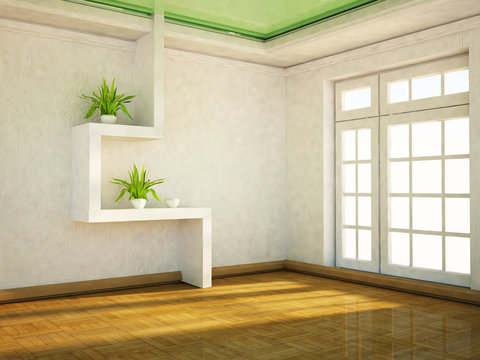 and the plants on the shelves