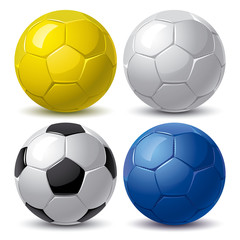set of soccer balls in blue yellow white and black color