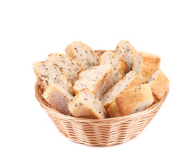 Wicker basket with bread slices.