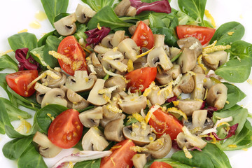 Mushroom salad with walnuts and tomatoes.