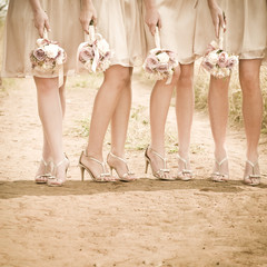 Group of bridesmaid ladies standing together with flowers