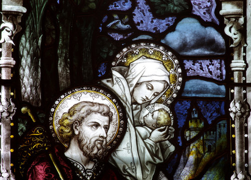 Flight into Egypt: Jesus, Mary and Joseph in stained glass