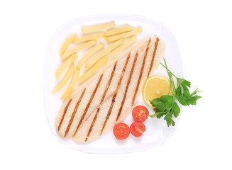 Grilled pangasius fish with french fries.
