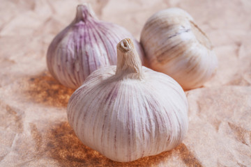 Three garlic on paper surface