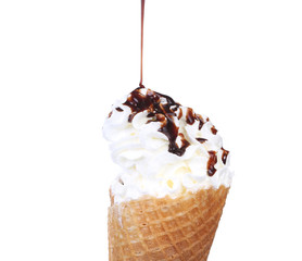 Ice cream with topping chocolate.