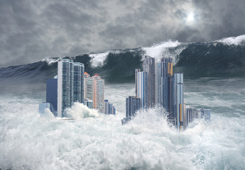 Apocalyptic scene of city submerged by tsunami