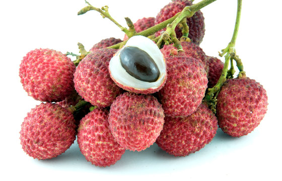 Fresh lychees isolated on white background.