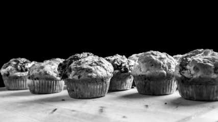 Black and white image of freshly baked muffins