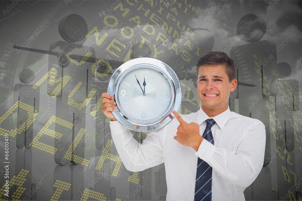 Poster composite image of anxious businessman holding and showing a clo