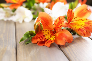 Beautiful Alstroemeria flowers on wooden table