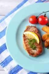 Grilled steak, grilled vegetables and fried potato pieces
