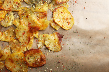 Homemade potato chips close up