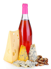 Pink wine and different kinds of cheese isolated on white