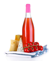 Pink wine and different kinds of cheese isolated on white