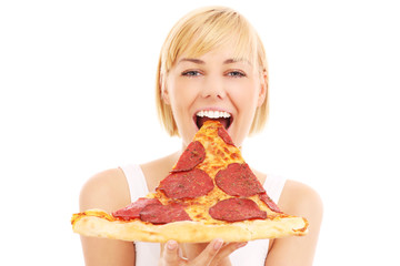 Happy woman with pizza