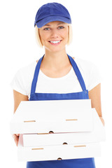 Woman and pizza boxes