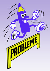 Bleistift-Cartoon-Figur springt über PROBLEME, farbig
