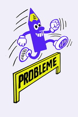 Bleistift-Cartoon-Figur springt über PROBLEME, farbig 2
