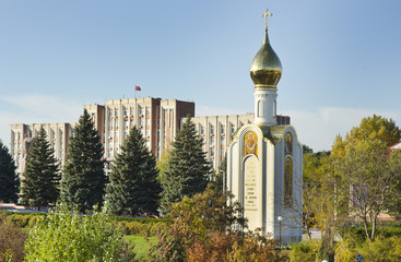 TIRASPOL, TRANSNISTRIA - OCTOBER 20: church and parliament building on October 20, 2013 in Tiraspol, Transistria. Transnistria is a self governing territory not recognised by the United Nations.