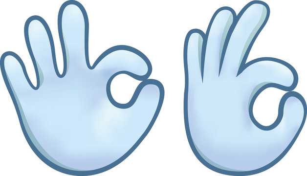 Front and side view of a blue hand making the OK sign