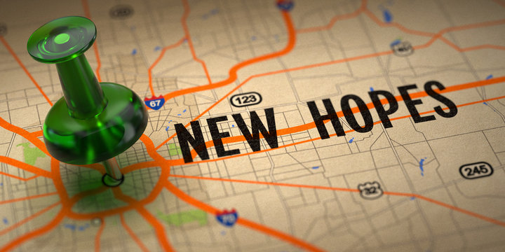New Hopes - Green Pushpin on a Map Background.