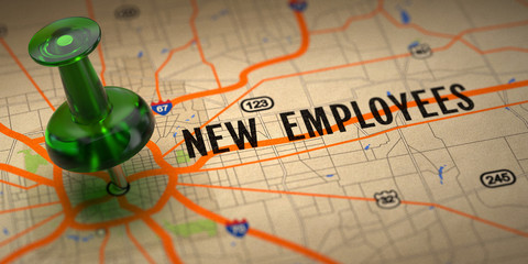 New Employees - Green Pushpin on a Map Background. - obrazy, fototapety, plakaty